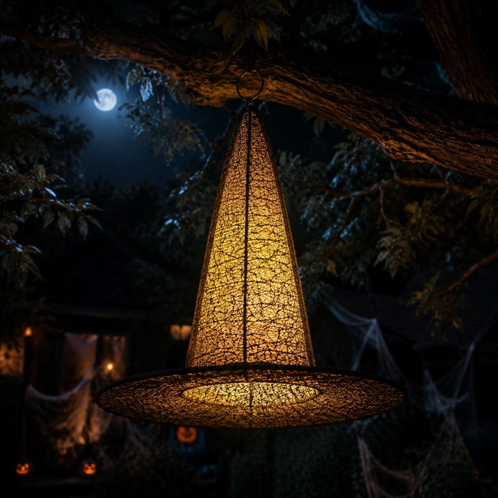 Battery Operated Witch Hat Light Hanging Decoration - Black Witch Hats with Lights DIY Floating Witch Hats with Creepy Cloth, Hanging Witch Hats Decorations for Halloween Porch Tree Party Decorations
