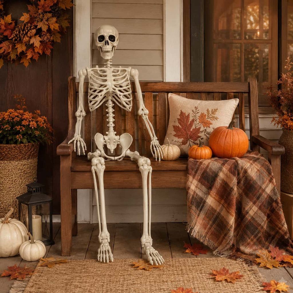 Valora Bella 5.4 FT Skeleton Halloween Decoration Outdoor Indoor - Life Size Poseable Full Body Skeleton Prop with Movable Joints Realistic Skull - Halloween Decor for Haunted House Porch Party Yard