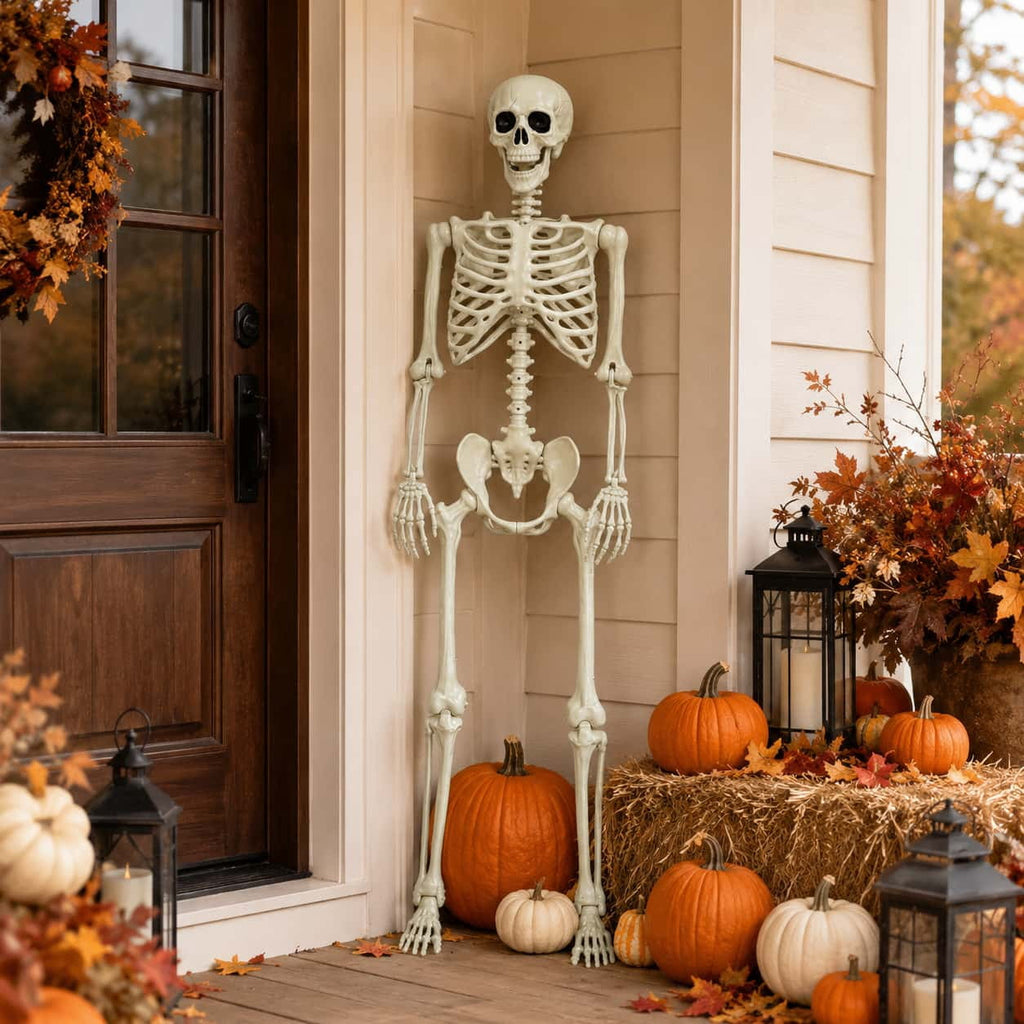 Valora Bella 5.4 FT Skeleton Halloween Decoration Outdoor Indoor - Life Size Poseable Full Body Skeleton Prop with Movable Joints Realistic Skull - Halloween Decor for Haunted House Porch Party Yard