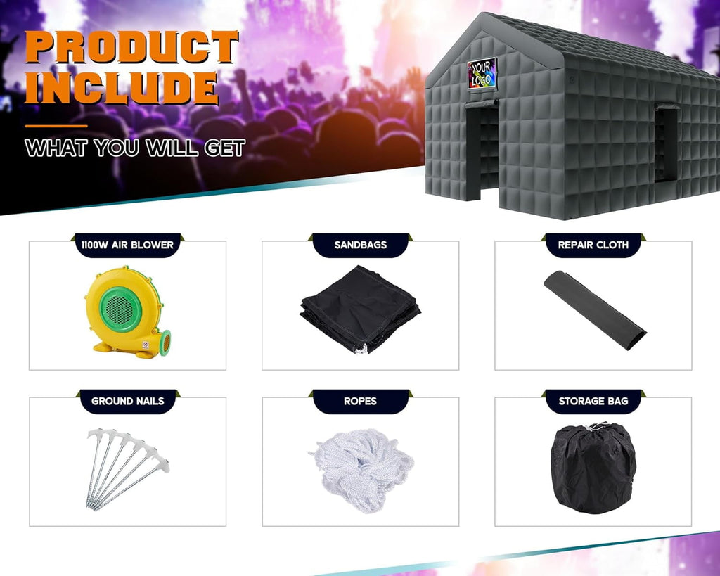 Jocisland 20x16x14 ft Large Black Inflatable Night Club Tent for Adults, Inflatable Nightclub with 2 Side Doors Gazebo Event House, Halloween Decor
