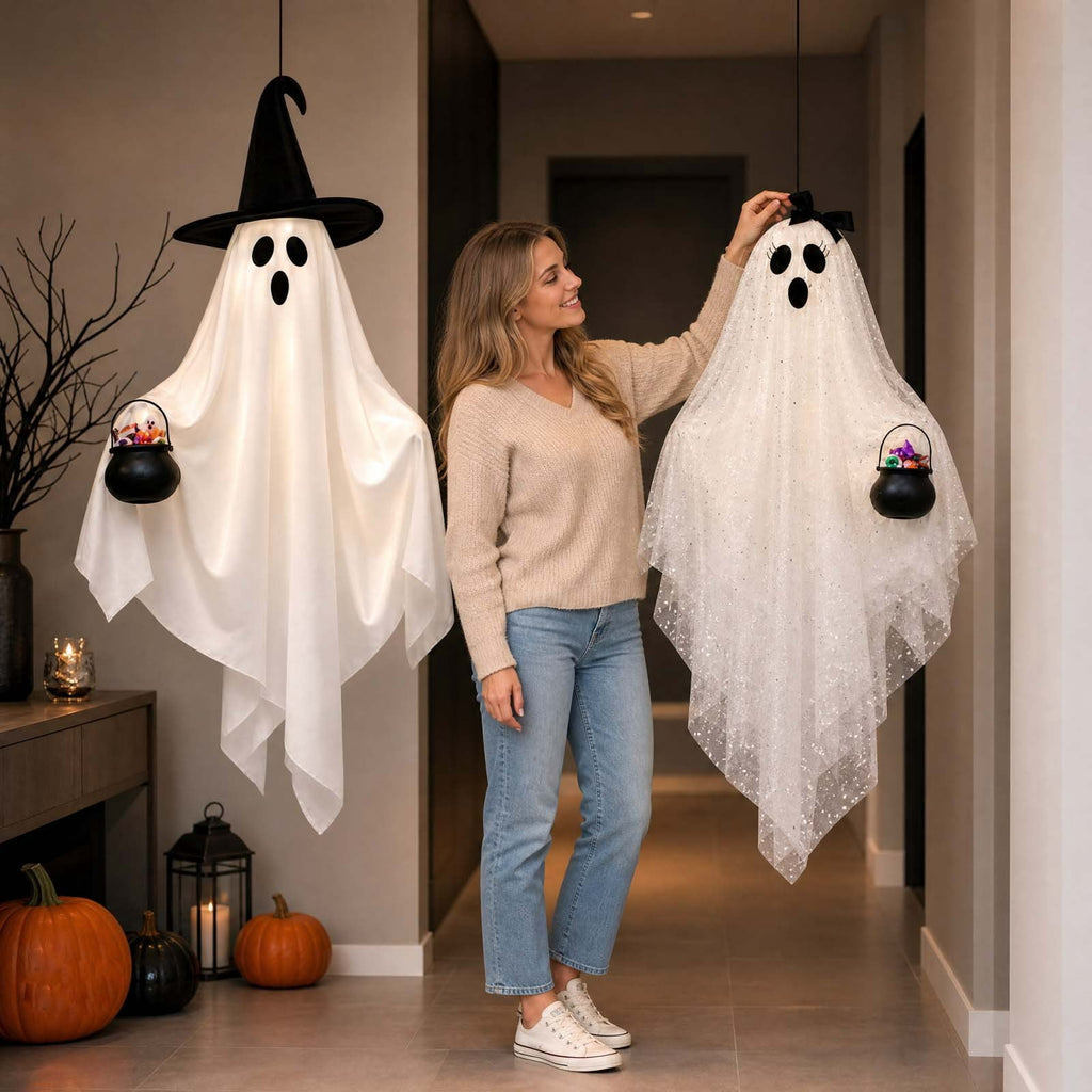 2 Pack Light Up Standing Tulle Ghost Halloween Decorations with Witch Hat, Warm LED Fairy Light Ghost Yard Stakes, Spooky Cute Ghost Outdoor Lawn Porch Mantel Home Halloween Party Decor
