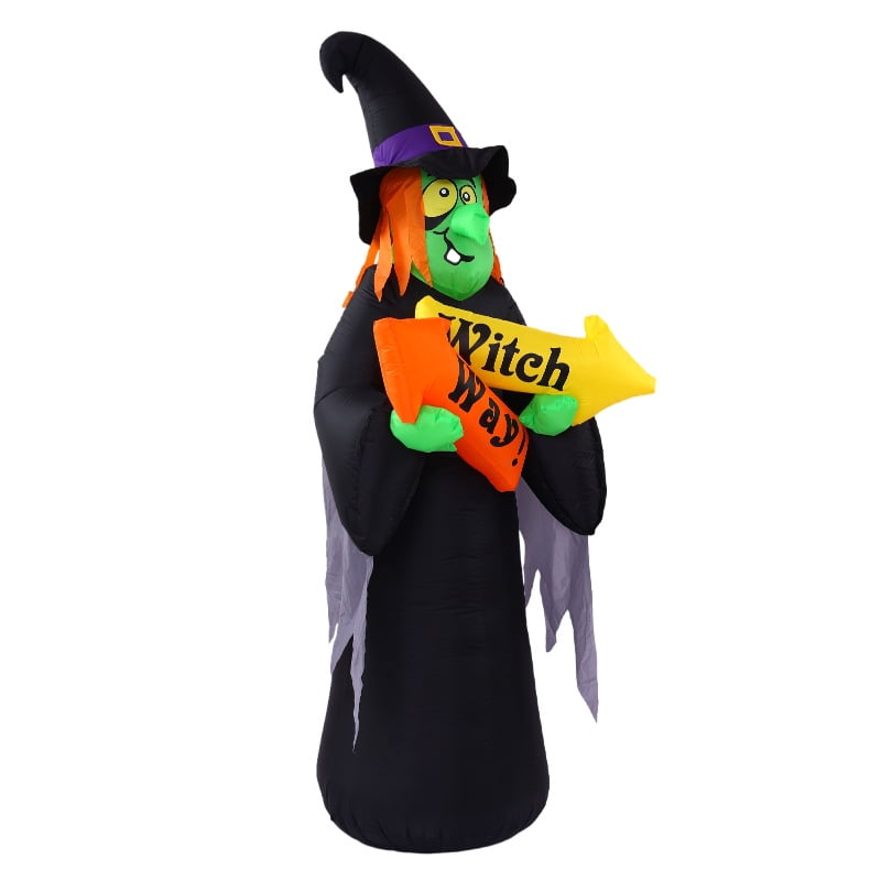 7.87 Ft Halloween Inflatable Witch Decoration with Witch Way Sign, Inflatable Yard Decor Blow Up with Build-in LEDs Lights for Haunted House Indoor Outdoor Decor,Giant Spooky Witch Decor