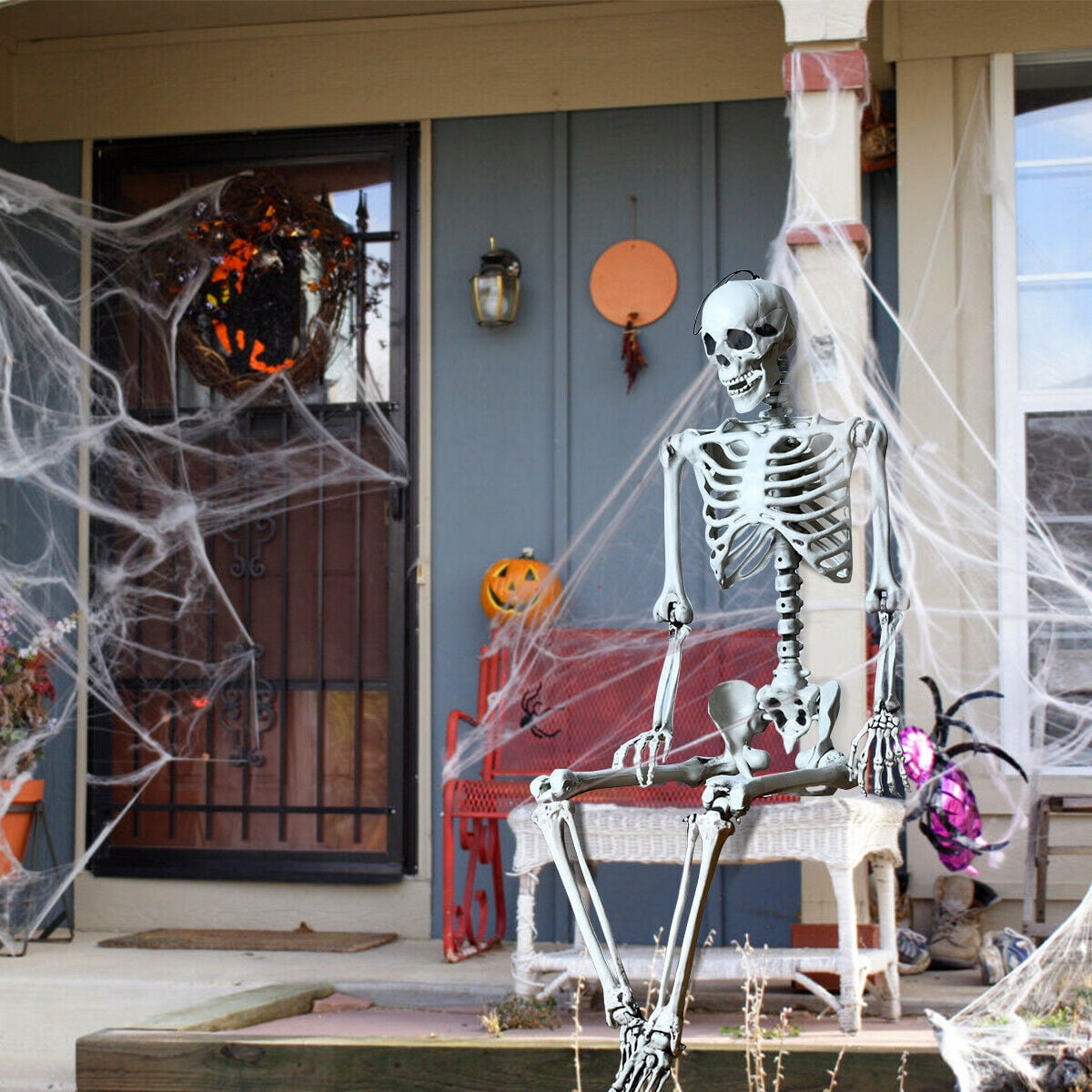 Gymax Full Body Halloween Skeleton 5.4ft Life Size w/ Hanging Rope Movable Joints