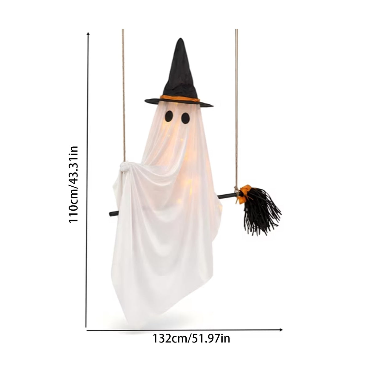 Flying Ghost Witch Broom Light, 43.3 in Halloween Hanging Decor with Remote for Yard Tree Porch Patio Party Display