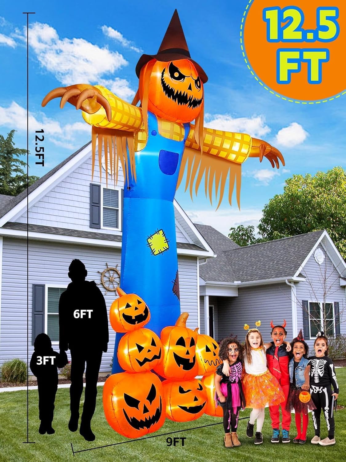 12.5 FT Halloween Inflatables with Music, Kalolary Giant Pumpkin Scarecrow Inflatable with LED Light Blow Up Yard Decor with Scary Sound for Outdoor Garden Lawn Holiday Party Supplies