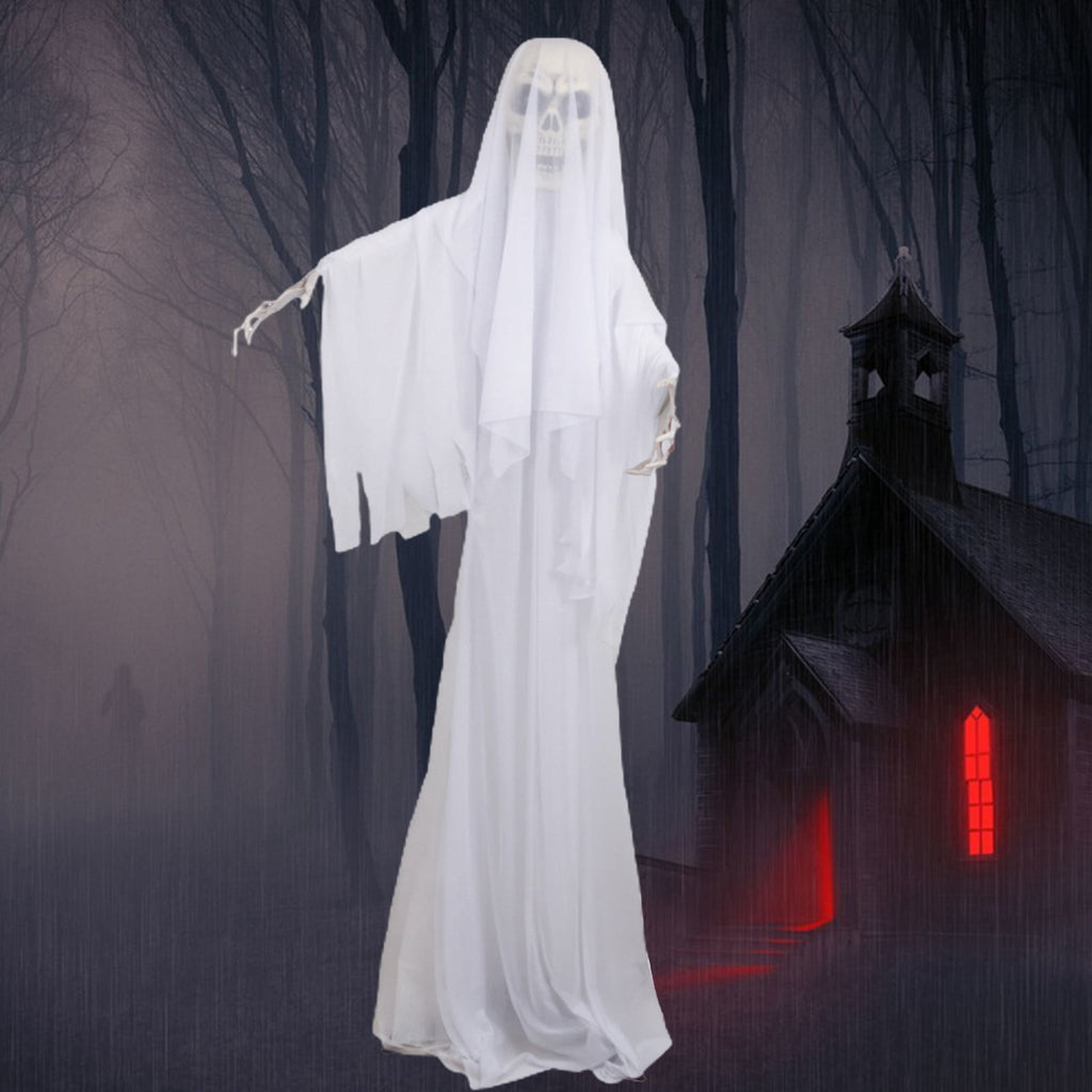 Halloween Ornament Scary Ghost Bride Figure with Sound Battery Operated Halloween Skeleton Decoration Creepy Haunted House Prop-White