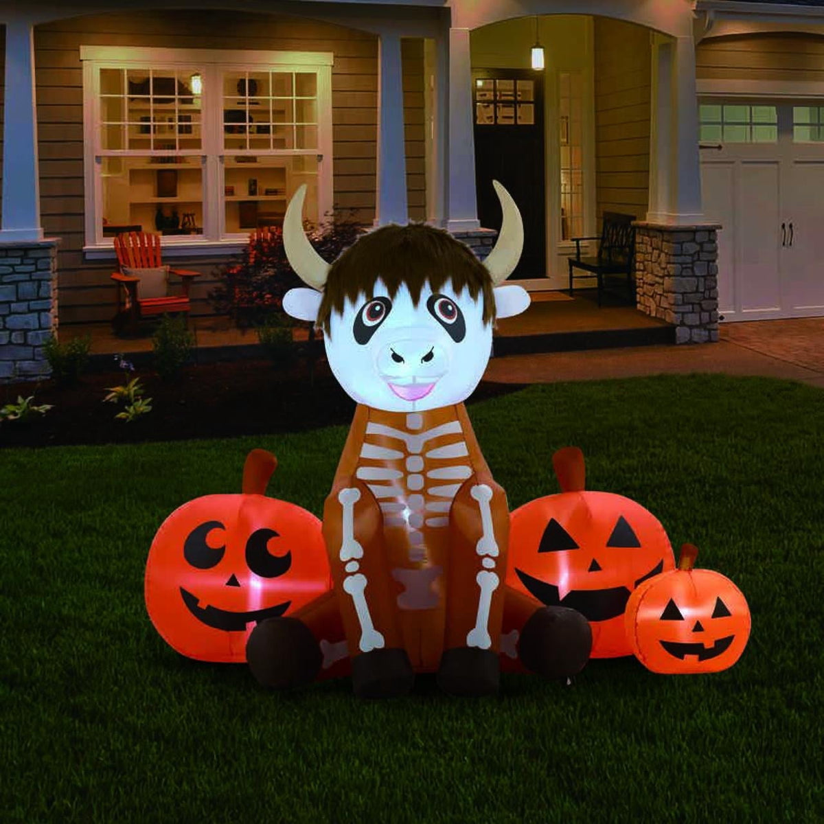 Skeleton Highland Cow with Pumpkins Halloween Inflatable, 5ft