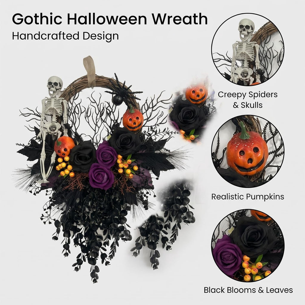 16 Inch Gothic Halloween Front Door Wreath, Spooky Artificial Wreath with Skulls Spiders Pumpkins for Indoor Outdoor Holiday Decor