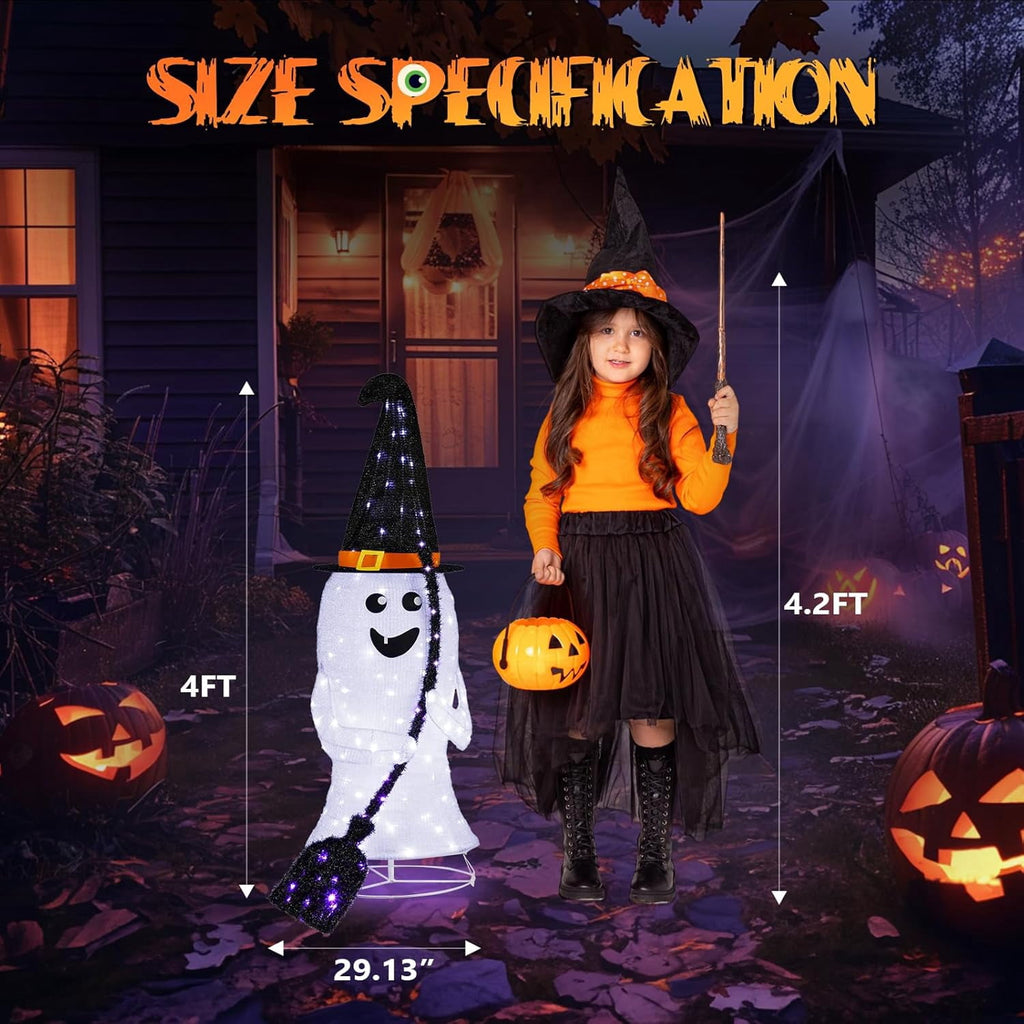 VINGLI 4FT Scary Lighted Halloween Decorations Outdoor, Pop Up Halloween Ghost Decorations, Light Up Ghost Decor with Pre-lit 135 LEDs, Cute Broom, Black Hat for Porch Yard Lawn Patio
