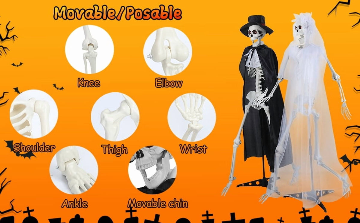 Floseru Life Size Halloween Skeleton Couple, Bride & Groom Set with Glowing Eyes, Poseable Joints, for Spooky Indoor Outdoor Display