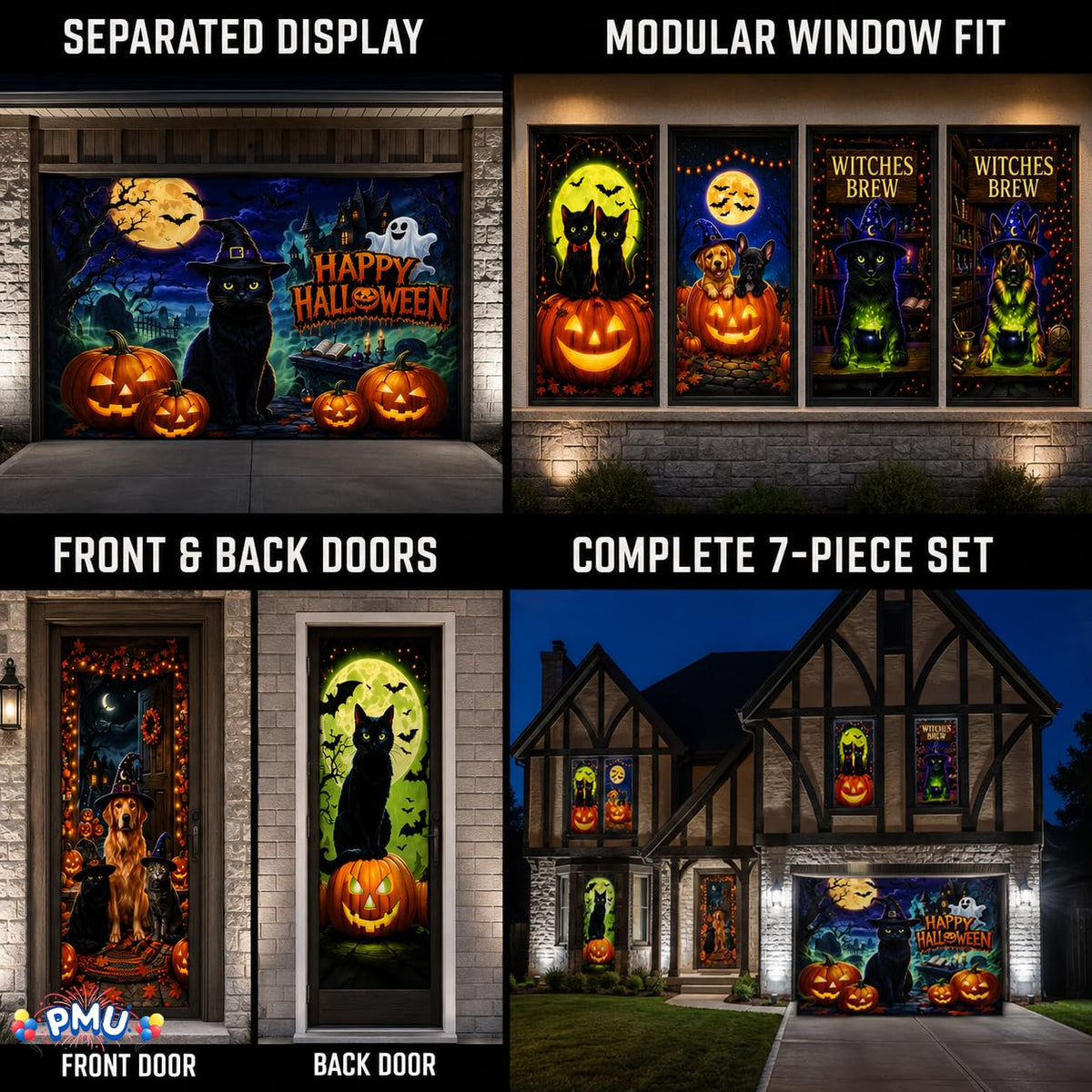 PMU 7-Piece Halloween Garage Door Cover Set, 16 x 7 ft, Skeleton Window & Door Decorations