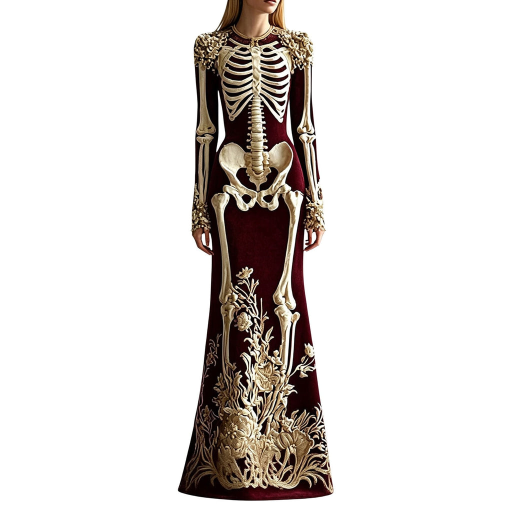 Women Halloween Skeleton Mermaid Dress, Velvet Long Sleeve Bodycon Gown with 3D Floral Appliques, Floor‑Trailing Gothic Costume for Party Cosplay L