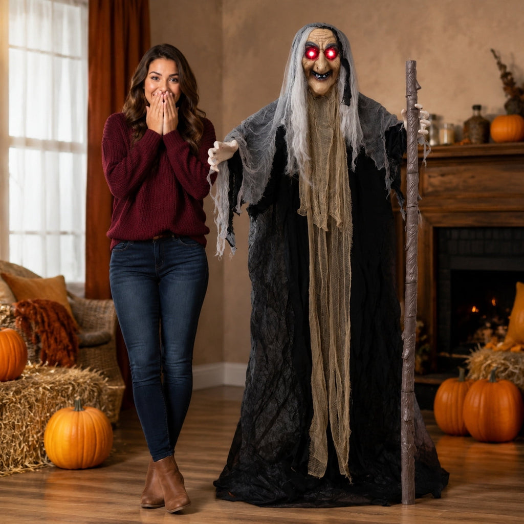 Voglyf Life-Size Scary Poseable Talking Witch 5.6FT, Red LED Glowing Eyes Scary Hag Prop with Wooden Staff, Tattered Gray Cloth Robe Witch for Front Yard Porch Haunted Spooky Party Decor