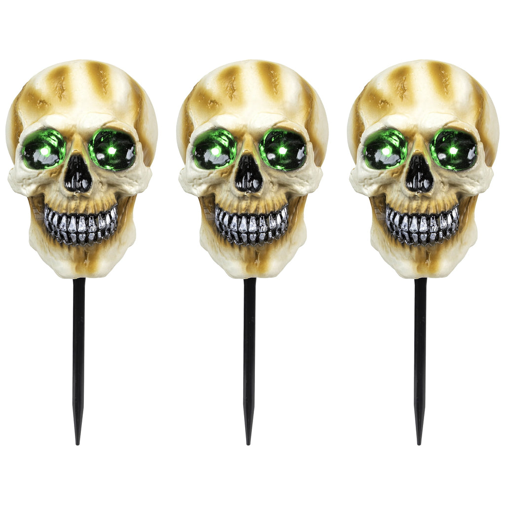 Northlight LED Lighted Skeleton Head Halloween Outdoor Pathway Markers with Sound - 15" - Set of 3