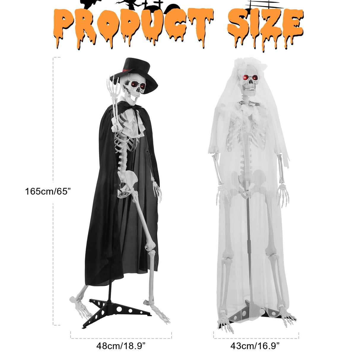 Thehsnt 65" Posable Skeleton Couple - Life Size Halloween Bride & Groom with Movable Joints
