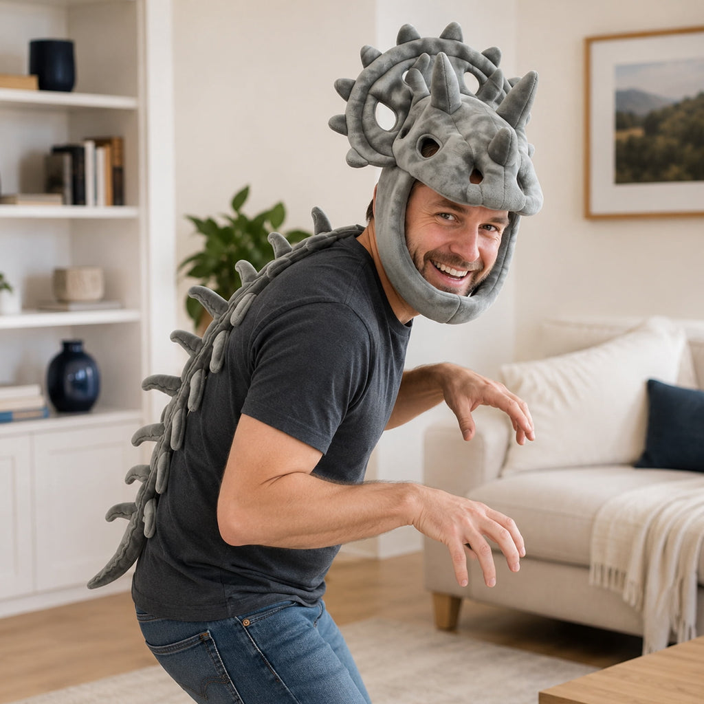 Mommy & Me Dinosaur Skeleton Costume - Wearable Plush Triceratops Dino Outfit with 3D Headgear Spine, Family Halloween Cosplay for Family