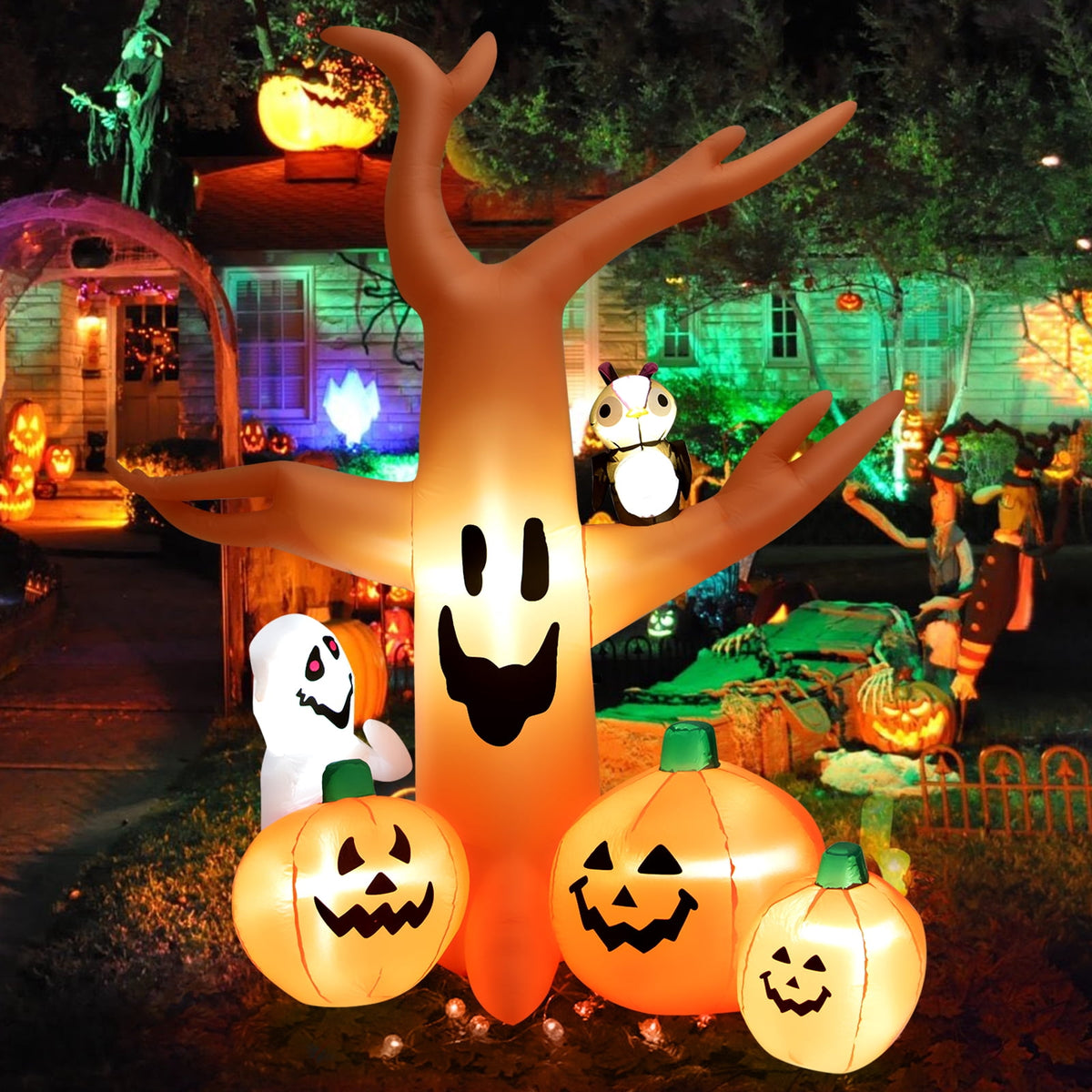 Topbuy 8FT Halloween Inflatable Decoration, Blow Up Dead Tree w/ Waterproof Air Blower Built-in LED Lights 2 Ropes & Stakes Holiday Decor w/ Ghost Owl Pumpkin for Yard Garden Lawn