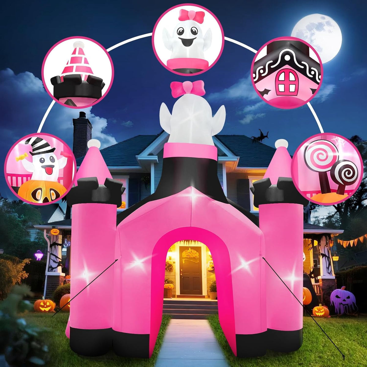 Kalolary 11 FT Halloween Inflatables Ghost Archway Outdoor Decorations, Pink Castle Arch Blow Up Decorations Scary Inflatable with Build-in Lights for Yard Garden Lawn Outdoor Decor