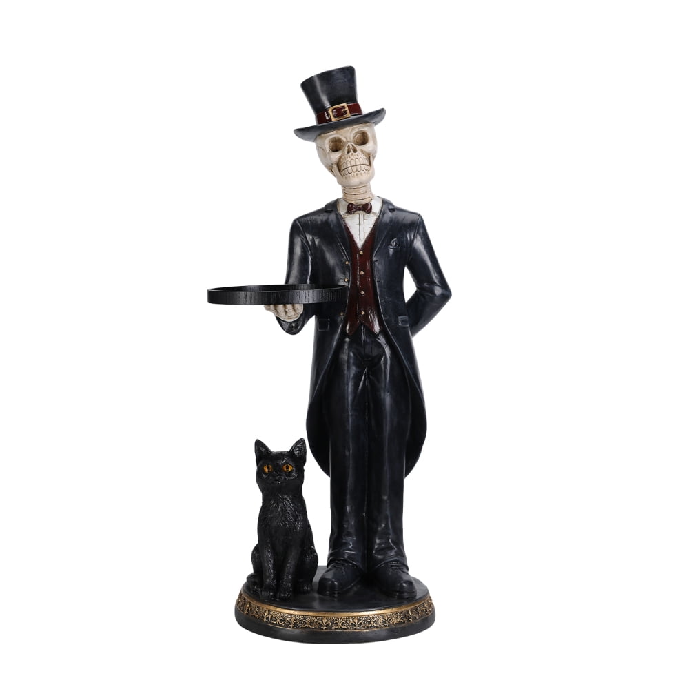 Halloween Skeleton Butler Floor Statue with Serving Tray & Black Cat, Resin Gothic Home Decor for Entryway Porch Living Room