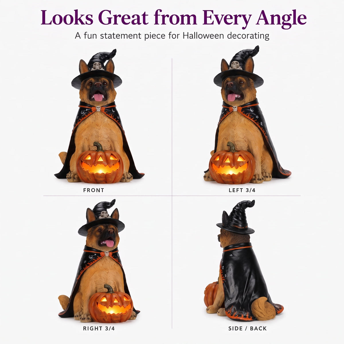 A7Store Halloween Golden Retrieve Dog Indoor Outdoor Porch Statue with Lighted Pumpkin, Pink Witch Hat and Cape