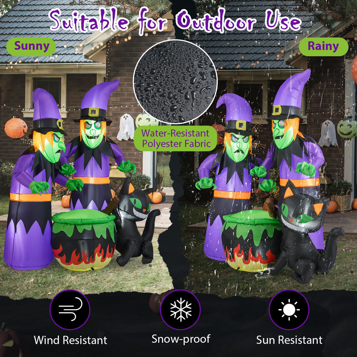 Gymax 6 Ft Inflatable Halloween Witches Blow up 2 Scary Witch w/Black Cat & Cauldron