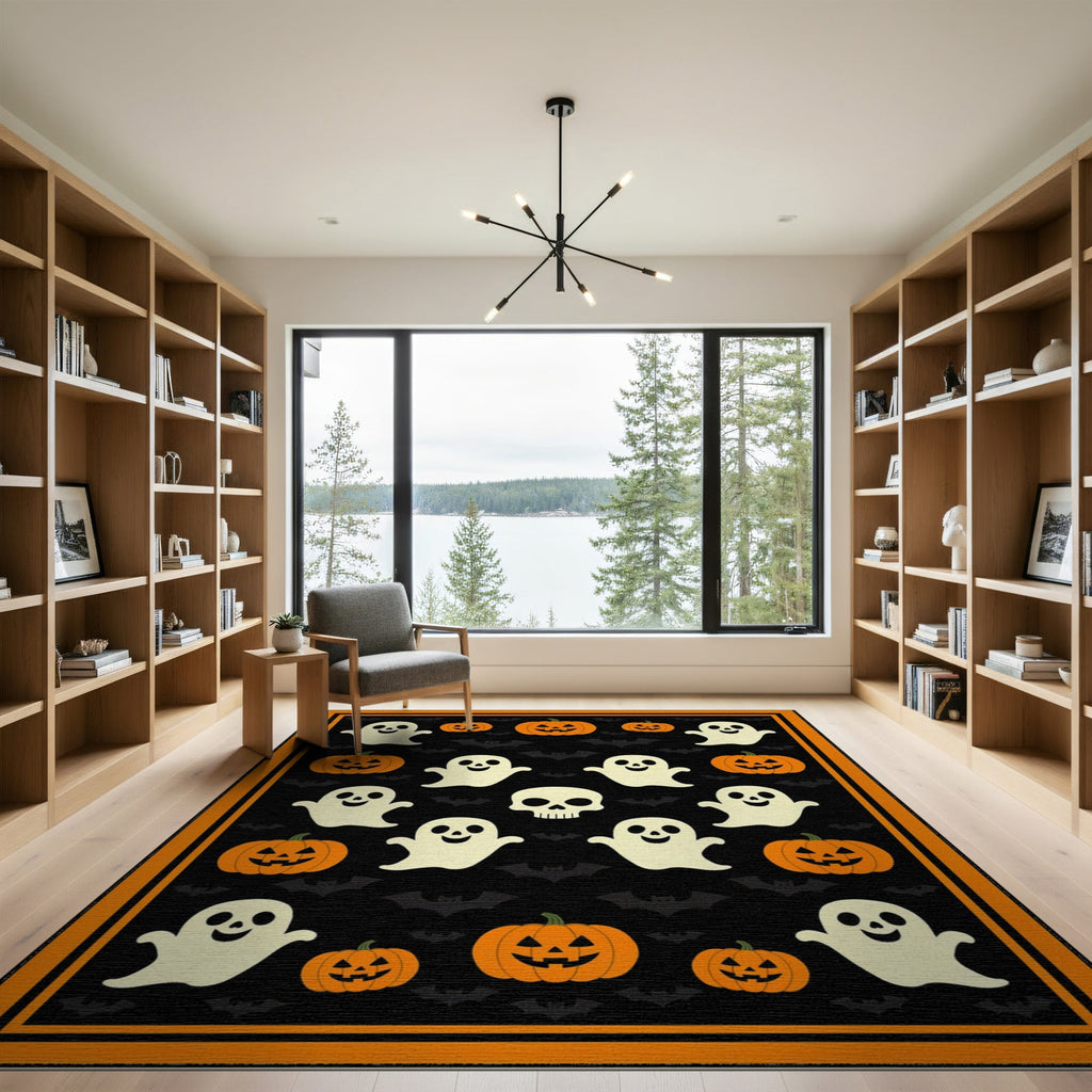 ODIKA Retro Halloween Welcome Featuring Ghosts Pumpkins Bats Skulls Non-Slip Flatwoven for Living Room, Under Sectional, Family