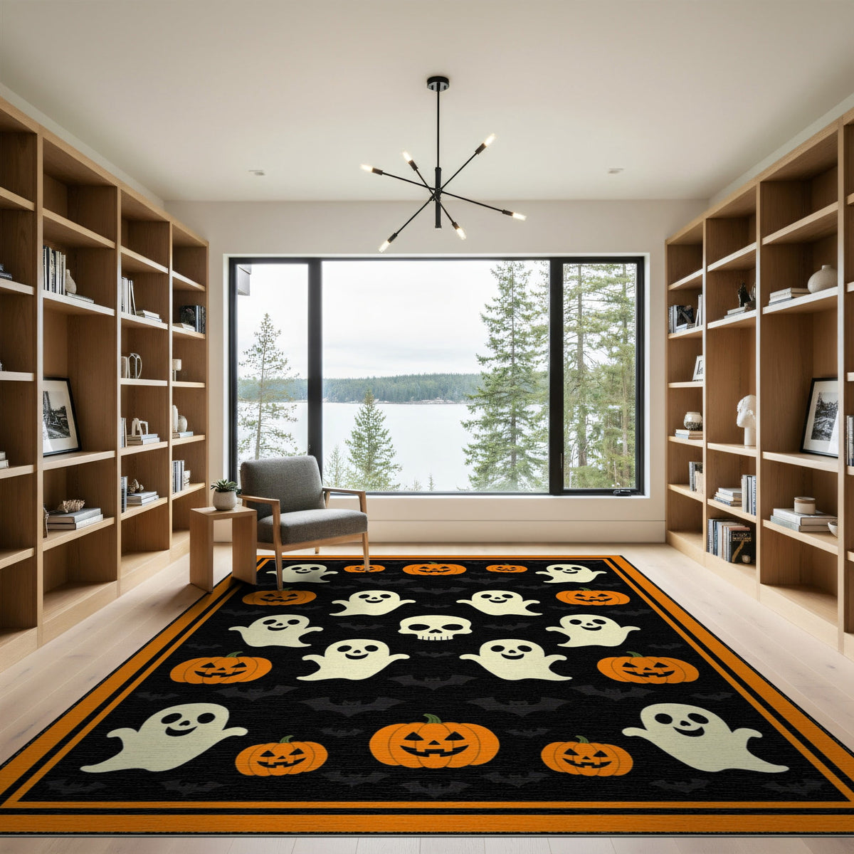 ODIKA Retro Halloween Welcome Featuring Ghosts Pumpkins Bats Skulls Non-Slip Flatwoven for Living Room, Under Sectional, Family