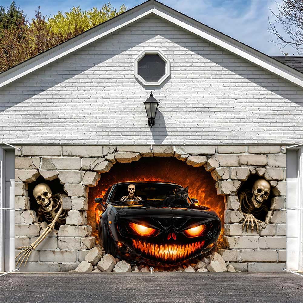 16X7ft Halloween Garage Door Cover Decorations, Spooky Skeletons Pumpkin Large Garage Wall Backdrop Hanging Banner for Halloween Yard Indoor Outdoor Party Decor