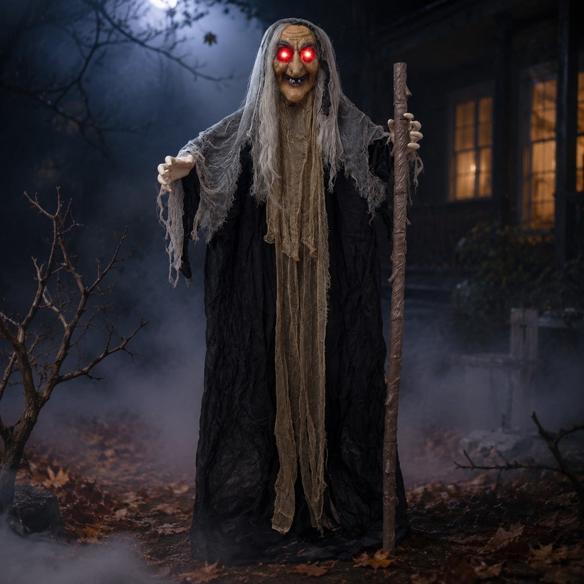Voglyf Life-Size Scary Poseable Talking Witch 5.6FT, Red LED Glowing Eyes Scary Hag Prop with Wooden Staff, Tattered Gray Cloth Robe Witch for Front Yard Porch Haunted Spooky Party Decor