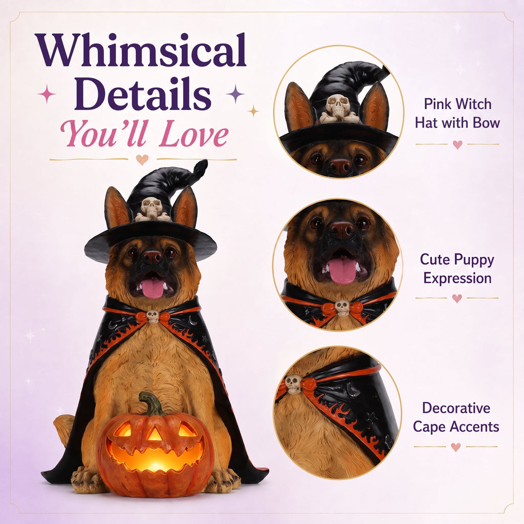 A7Store Halloween Golden Retrieve Dog Indoor Outdoor Porch Statue with Lighted Pumpkin, Pink Witch Hat and Cape