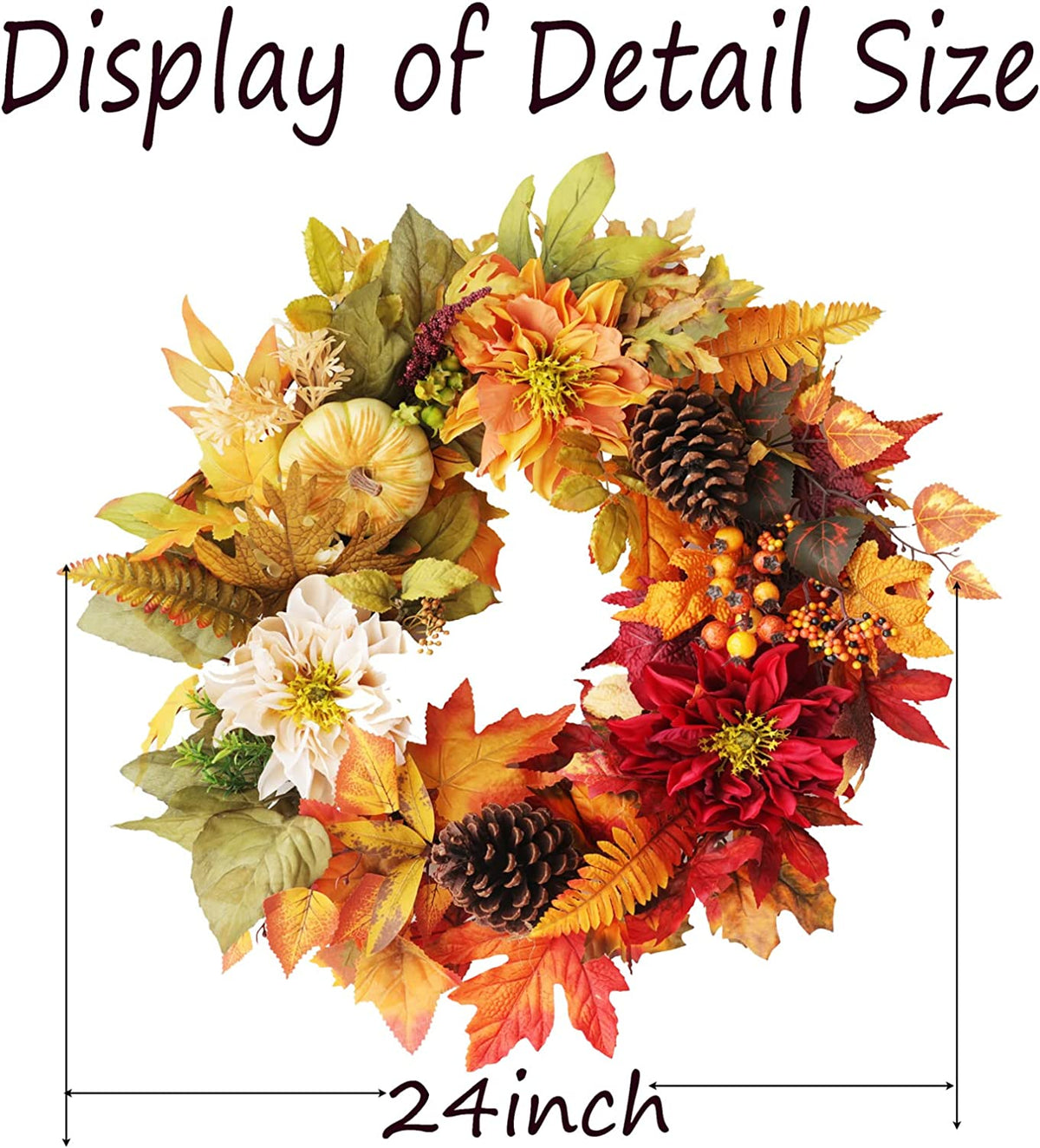 24 Inch Fall Wreaths for Front Door Outside, Fall Door Wreath with Pumpkins,Dahlia,Sunflowers, Maple Leaves,Autumn Wreaths Decorations for Harvest Thanksgiving Halloween Indoor Outdoor Home Decor