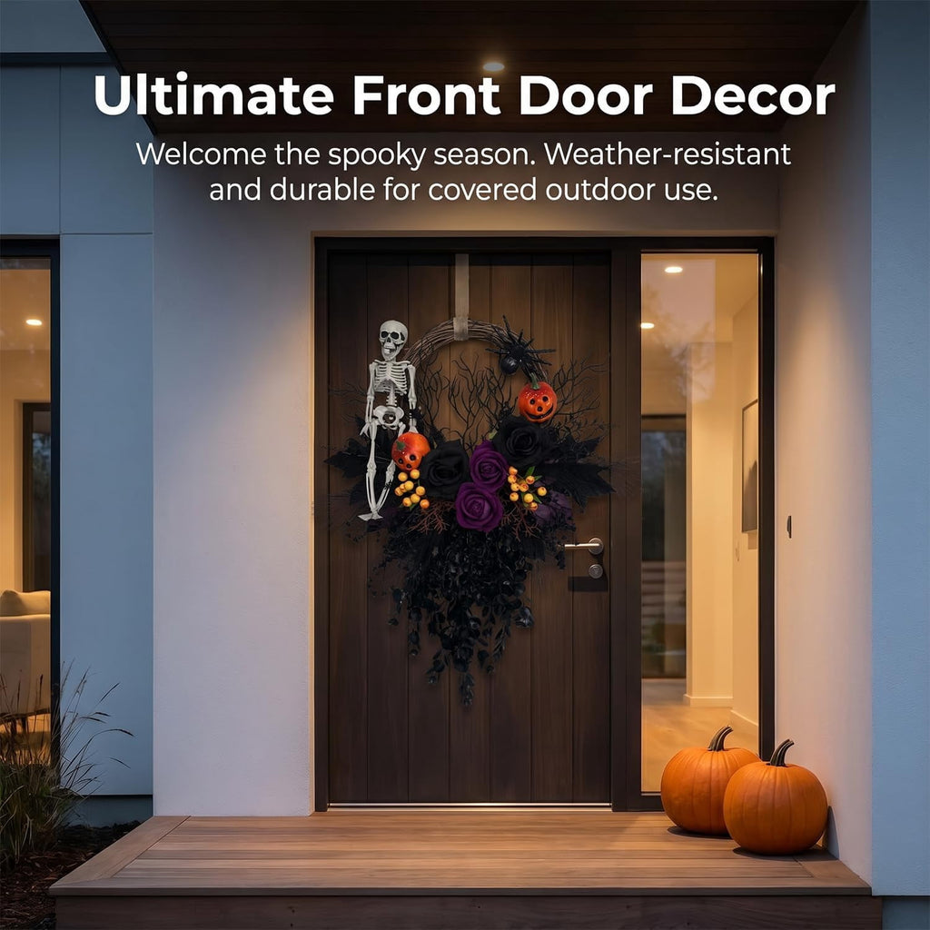 16 Inch Gothic Halloween Front Door Wreath, Spooky Artificial Wreath with Skulls Spiders Pumpkins for Indoor Outdoor Holiday Decor