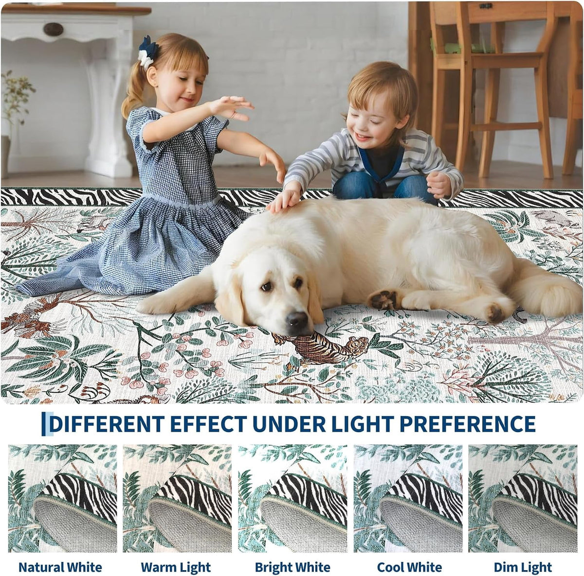 Large Jungle Animal Living Room Rug 10x13 Washable Forest Indoor Rugs for Bedroom Non Slip Foldable Low Pile Modern Floor Mat Stain-Resistant Neutral Carpet for Kids Playroom Dorm Nursery Black