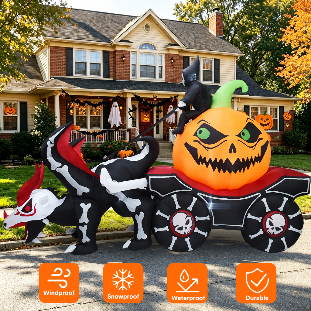 KINQUINN 9 FT Halloween Inflatable Dragon Pull Pumpkin Cart Outdoor Decorations, Blow Up Dragon with Build-in LEDs, Halloween Decorations for Yard Lawn Party Garden Outside Indoor Home Porch