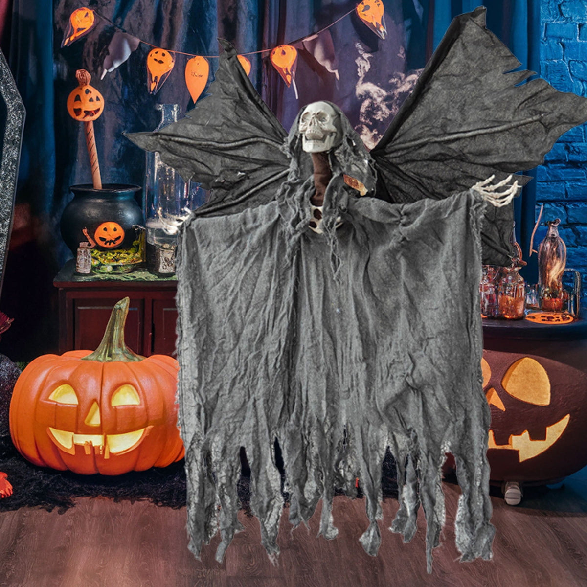 Zhourta Electric Flying Skeleton Ghost Animated Halloween Prop with Flapping Wings for Haunted Yard