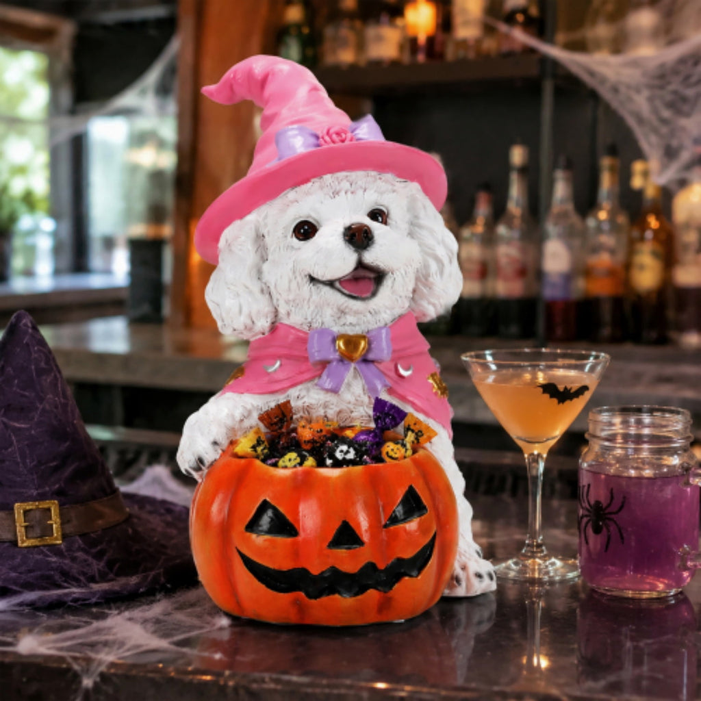 SpookHaven Halloween Jack‑O‑Lantern Pumpkin Mist Sprayer Figurine, LED Light‑Up Fogger with Witch Hat & Skull Decoration, Spooky Ornament for Tabletop Entryway Halloween Party Home Decor