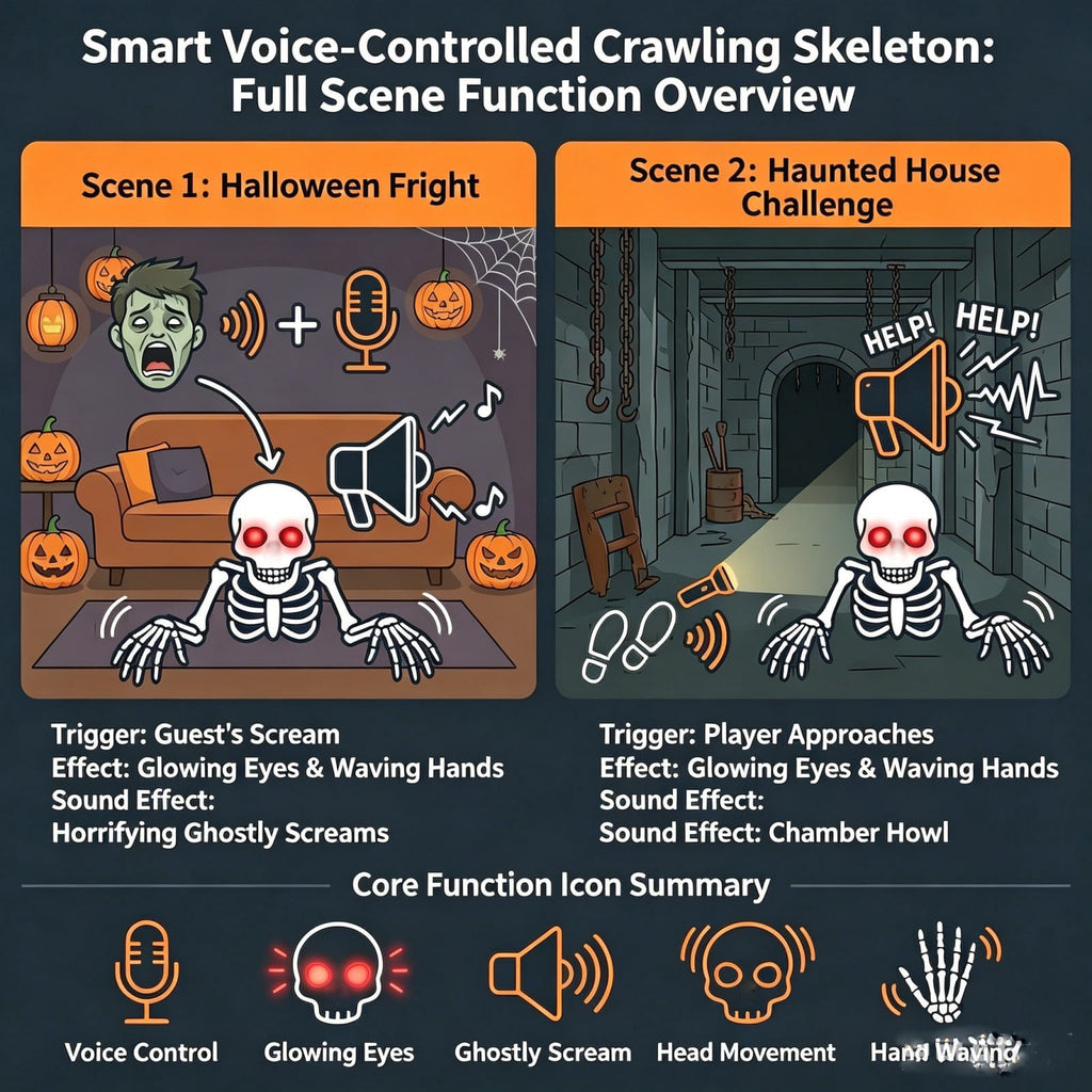 Voice Activated Crawling Skeleton Halloween Prop With Glowing Eyes Motorized Crawling Skeleton Plastic