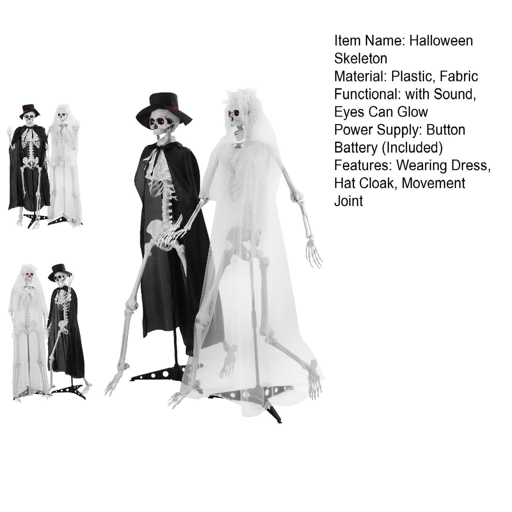 SUSUchens Life-Size 65" Halloween Skeleton Couple Full Body Bones Posable Skeleton with Movable Joints, Bride,Groom Skeleton Decor with Sound,Glowing Eyes,Haunted House Party Props