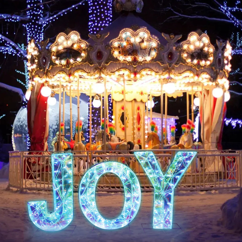 3 Piece Outdoor Xmas Decor Letters LED Lighted Prism Holiday Yard Decorations Metal PVC Lighted Patio Garden Decor