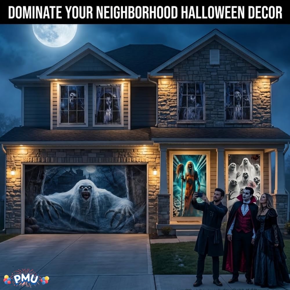 PMU 7-Piece Halloween Garage Door Cover Set, 16 x 7 ft, Skeleton Window & Door Decorations