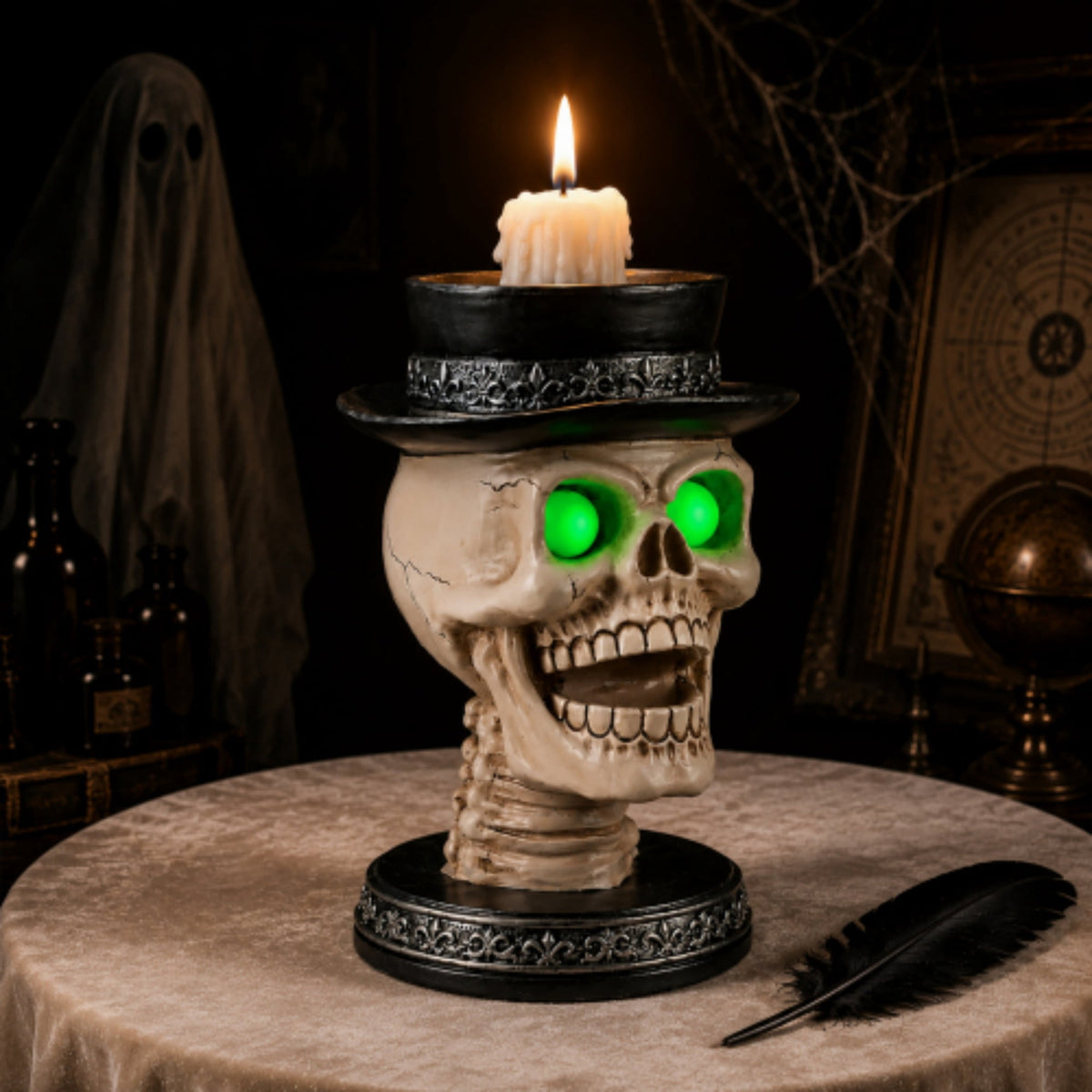 Halloween Skeleton Butler Floor Statue with Serving Tray & Realistic Black Cat, 35.43 Inch Gothic Resin Standing Decor for Entryway, Porch, Living Room, Halloween Party Home Decoration