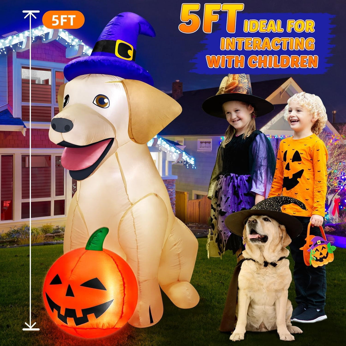 5 Ft Halloween Inflatable Dog with Pumpkin LED Outdoor Yard Decoration