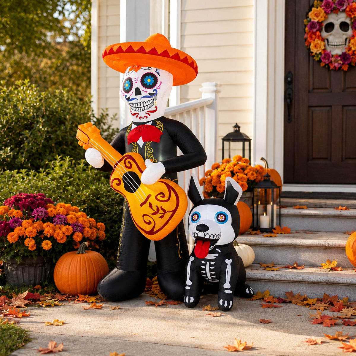 MInHoues 4 ft Halloween Inflatable Mold Ornament, Day of the Dead Skeleton Playing Guitar Decorative Molds, Polyester Spooky Yard Prop for Indoor Outdoor Party Yard Decor