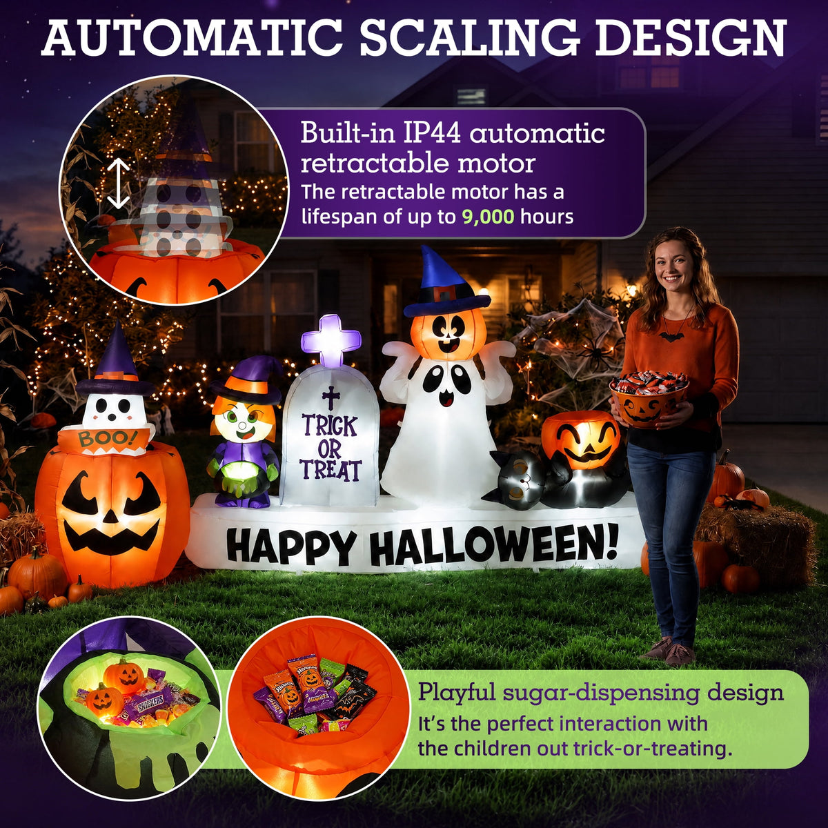 BSHAPPLUS® 9 ft Halloween Pumpkin UFO Inflatable,Walk-in Inflatable Yard Decor with Levitating Cow,Built-in LED Lights,Outdoor Blow up Decor for Lawn Garden Party,19.7ft Extra-Long Power Cord