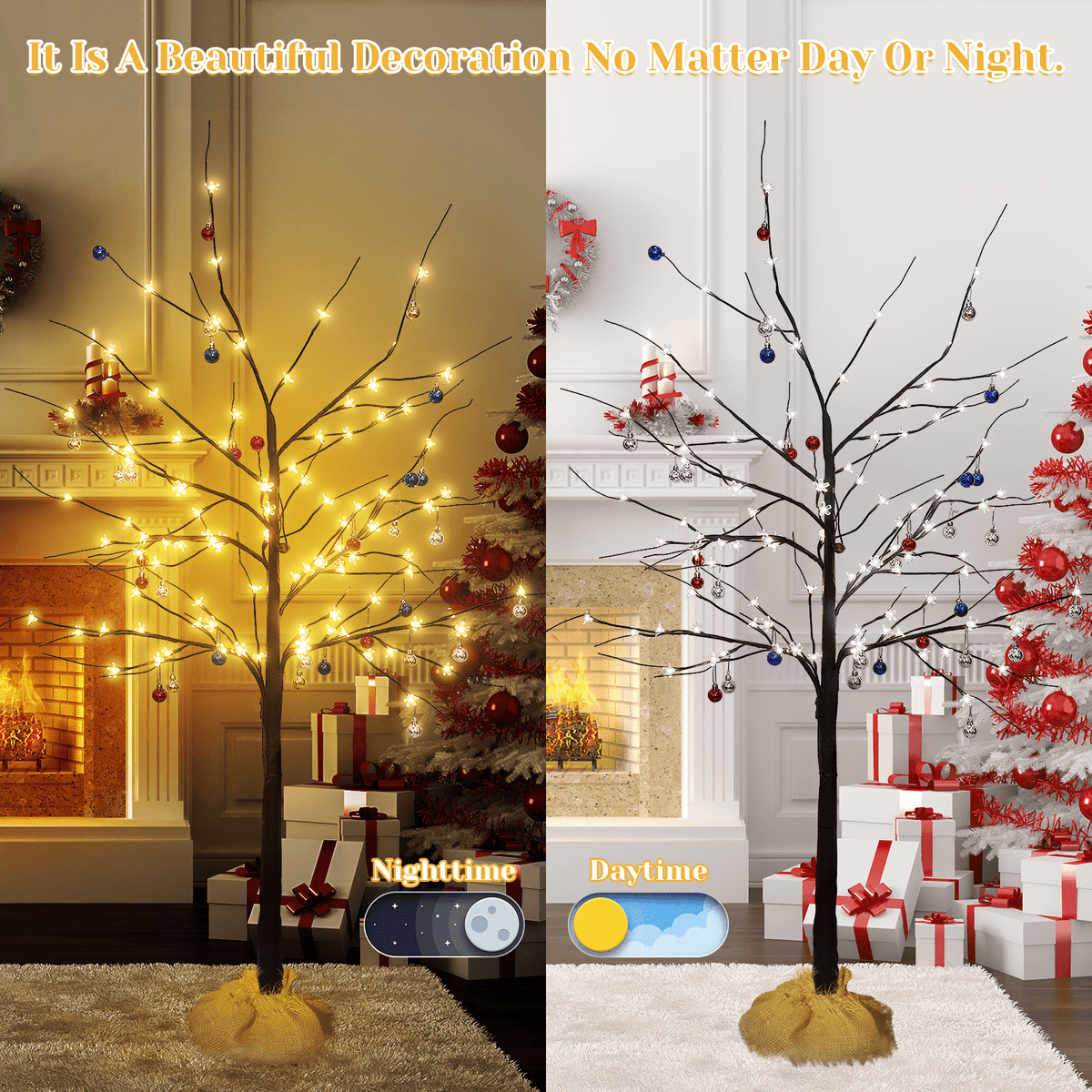 LinkRomat 3-Piece 4ft–6ft Pre-Lit Birch Christmas Tree Set with 200 LED Lights and 24 Ornaments, Christmas Decorations for Indoor Outdoor Home, Black