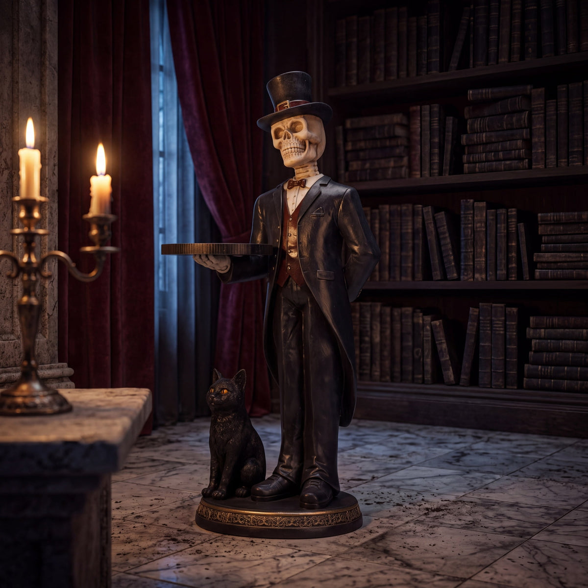 Halloween Skeleton Butler Floor Statue with Serving Tray & Realistic Black Cat, 35.43 Inch Gothic Resin Standing Decor for Entryway, Porch, Living Room, Halloween Party Home Decoration