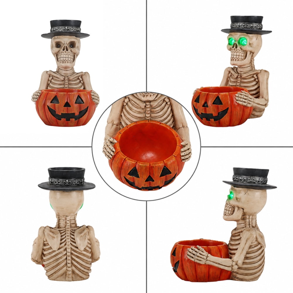 Halloween Skeleton Butler Floor Statue with Serving Tray & Black Cat, Resin Gothic Home Decor for Entryway Porch Living Room