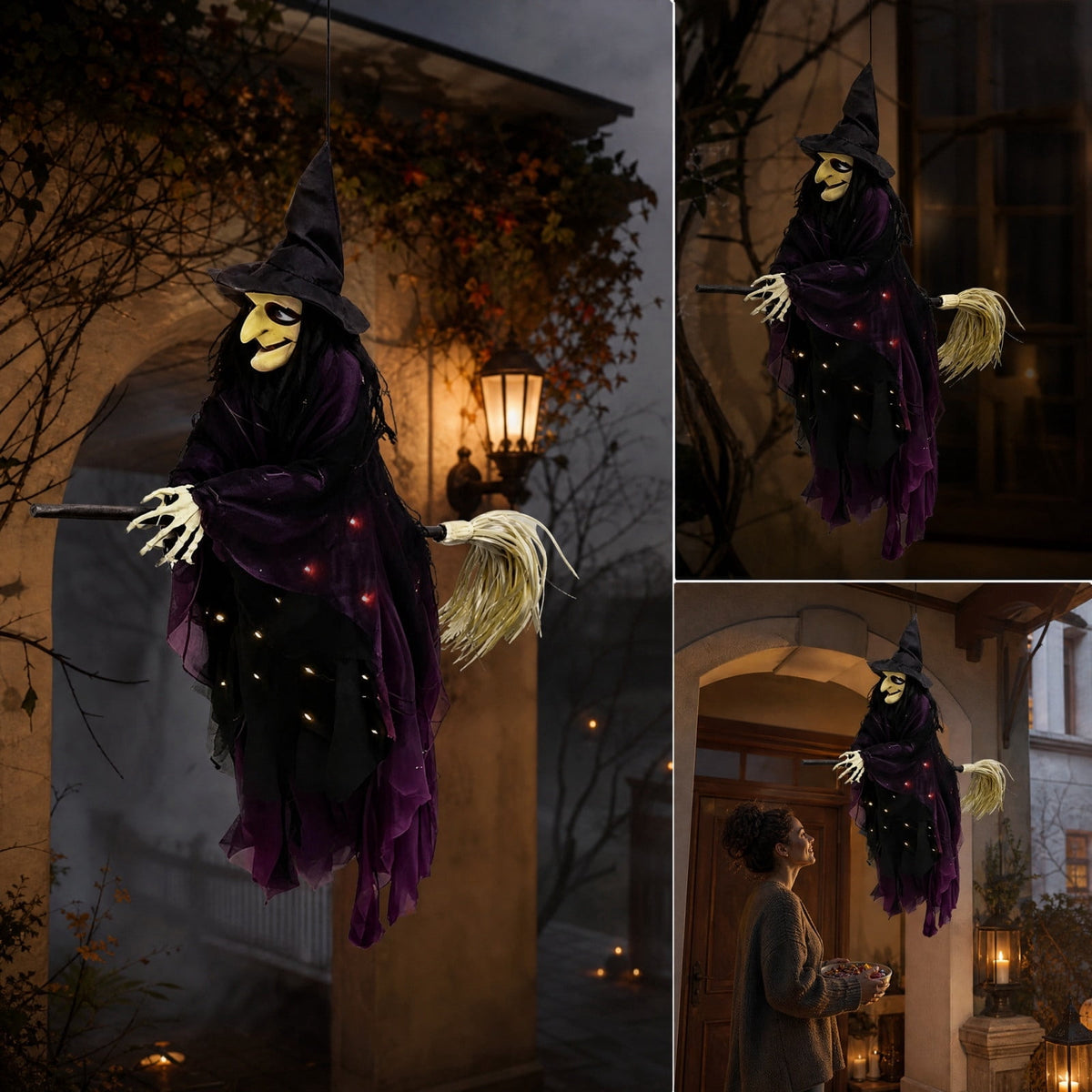 WWG Halloween Flying Witch Decoration, Spooky LED Light Up Witch Hanging Decor, Purple Glowing Witch Pendant with Skeleton Hands, Indoor Outdoor Halloween Party Decor, Includes 1 Witch Pendant