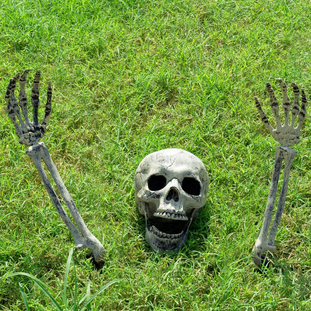 2 Pack Halloween Outdoor Skeleton Decorations,Realistic Skeleton Groundbreaker Stakes with Skull and Arms for Yard,Lawn,Graveyard,Cemetery,Garden,Scary Spooky Haunted House Props,Party Decor Supplies
