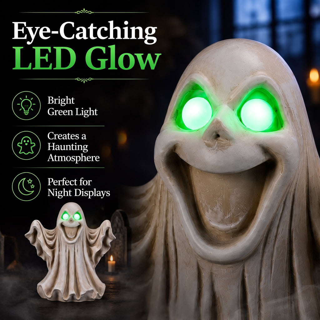Large 13-Inch Lighted Halloween Ghost Decoration, Resin Figurine with Green LED Eyes, Battery Operated Tabletop Statue for Mantel and Party